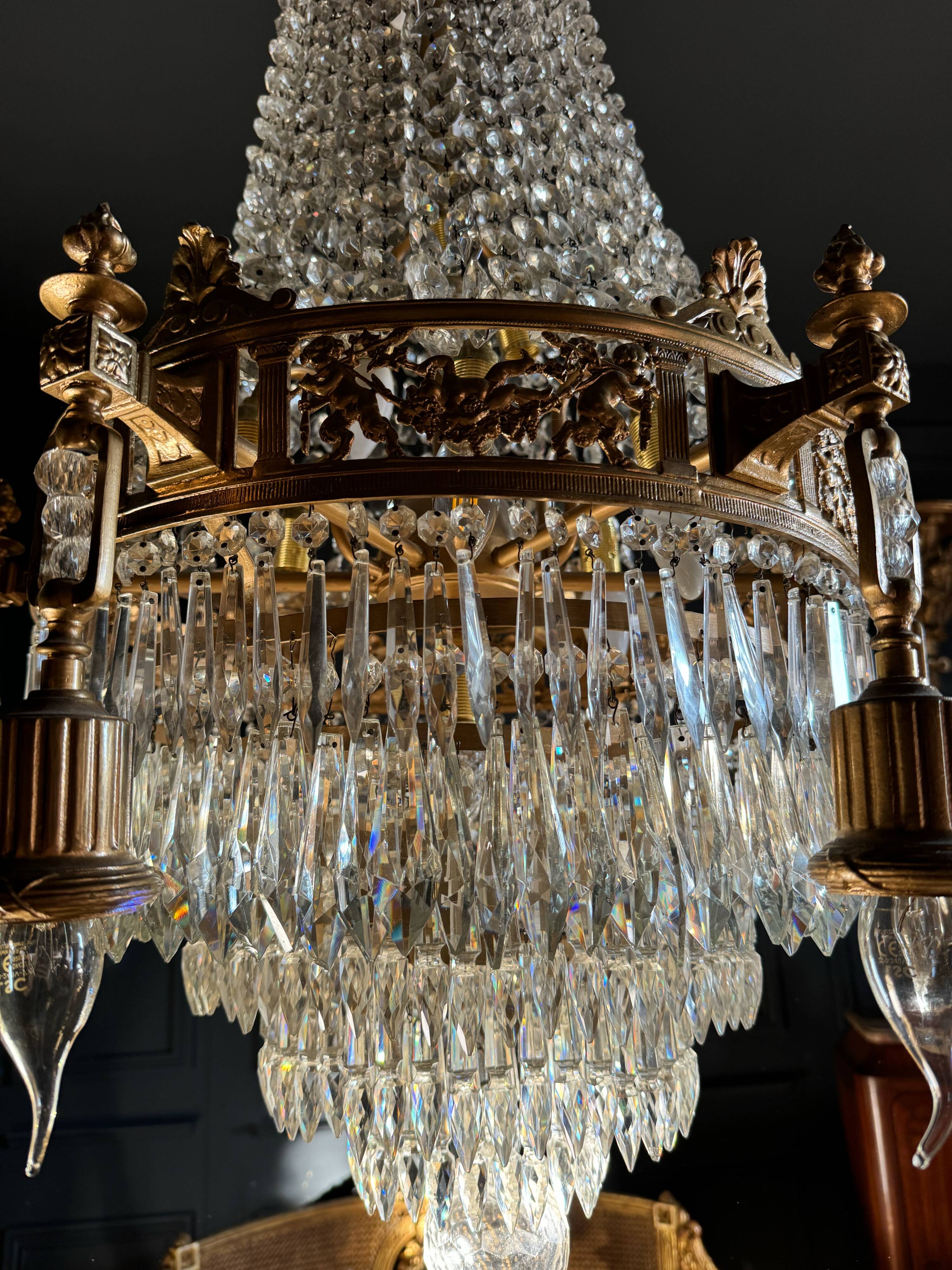 19th Century Louis XVI Style Gilt Bronze Chandelier With Crystal Tassels - H125cm