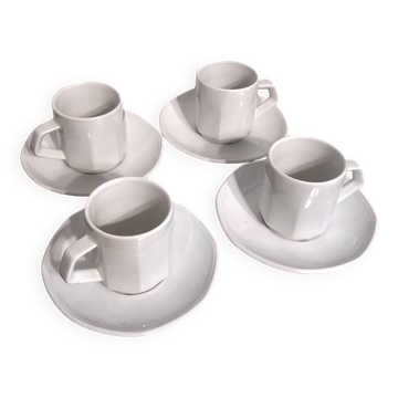 Set of 4 white porcelain cups from Apilco + saucers