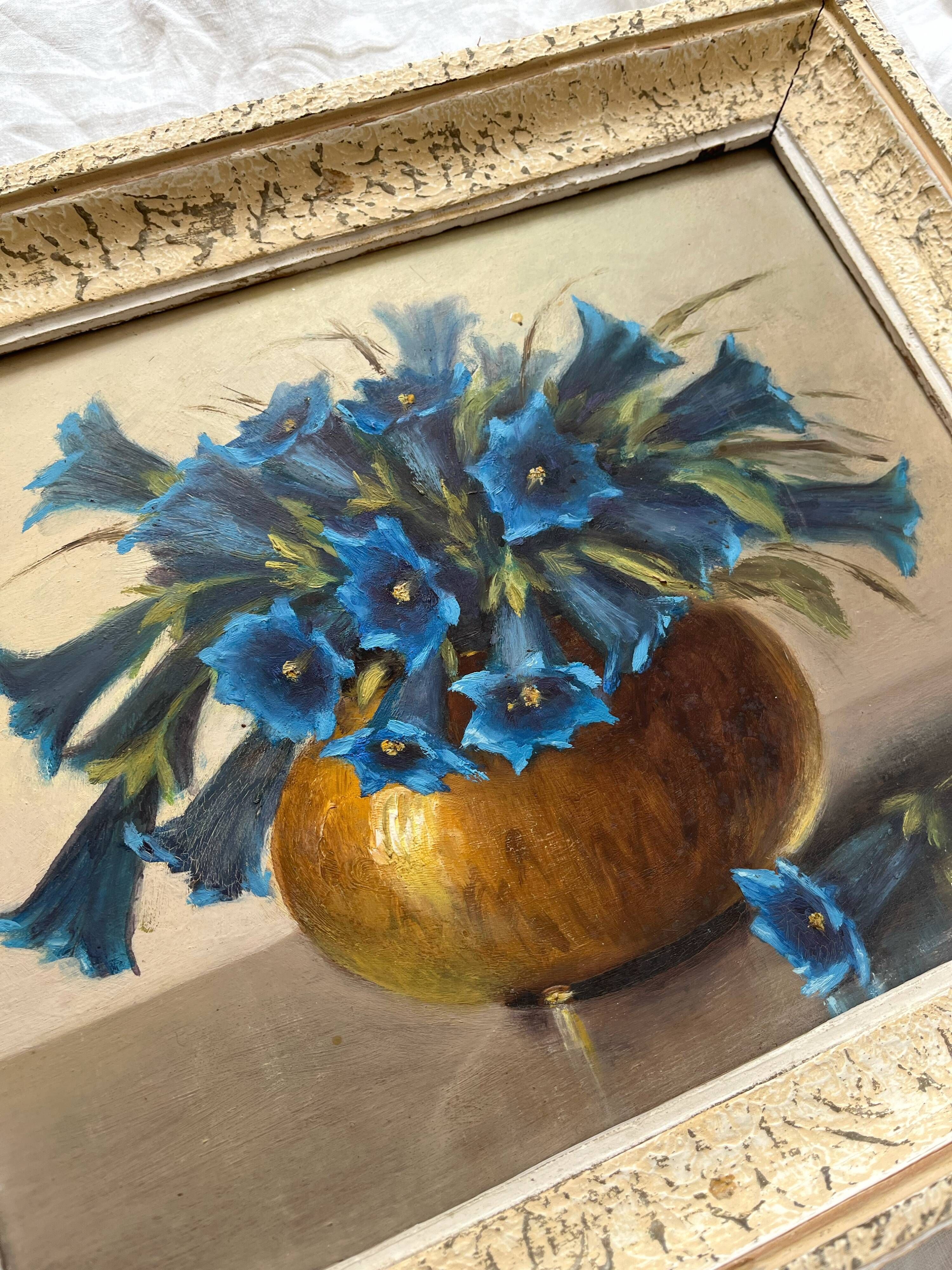 Old painting framed painting bouquet of blue flowers signed Freynal