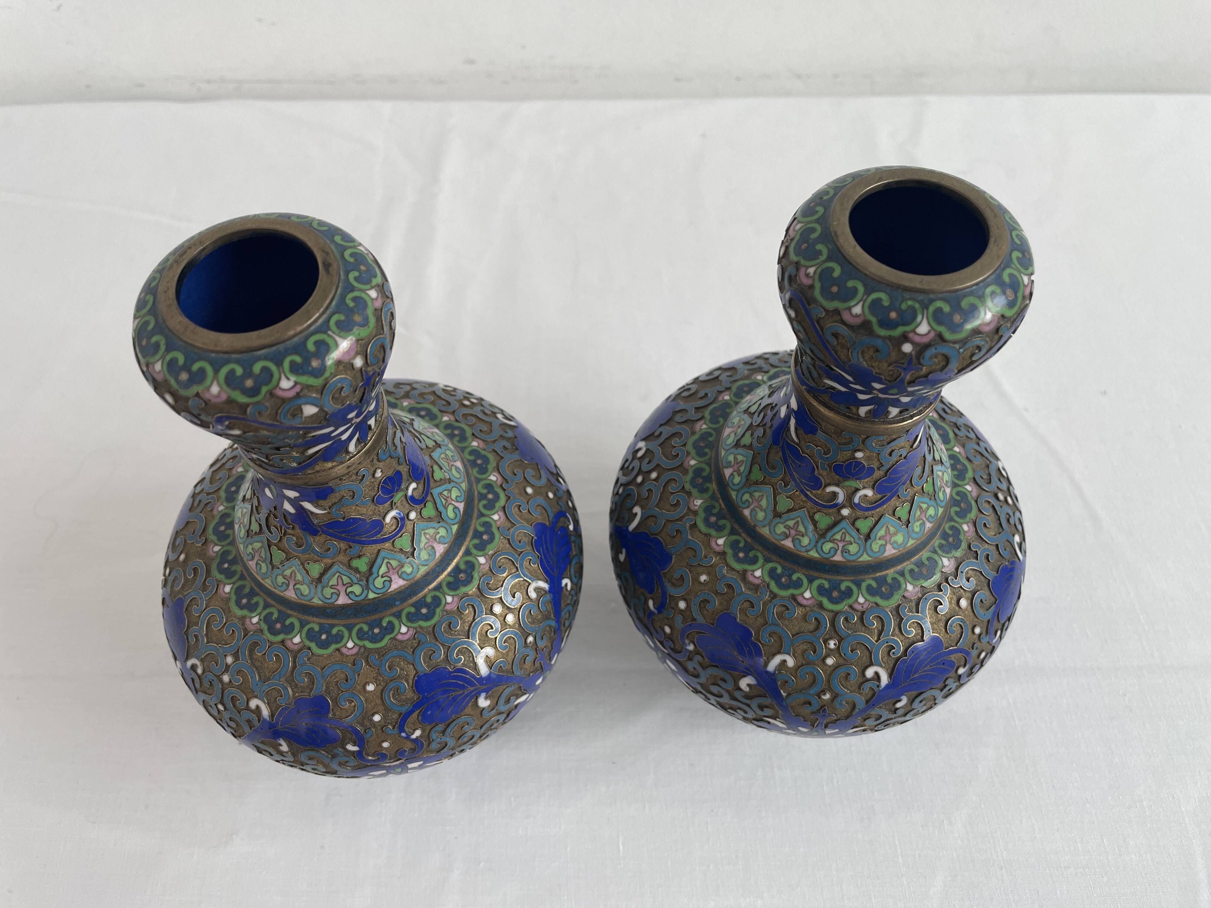 Vintage, pair of vases, Chinese, cloisonné metal, enameled, polychrome floral decor, golden hoop