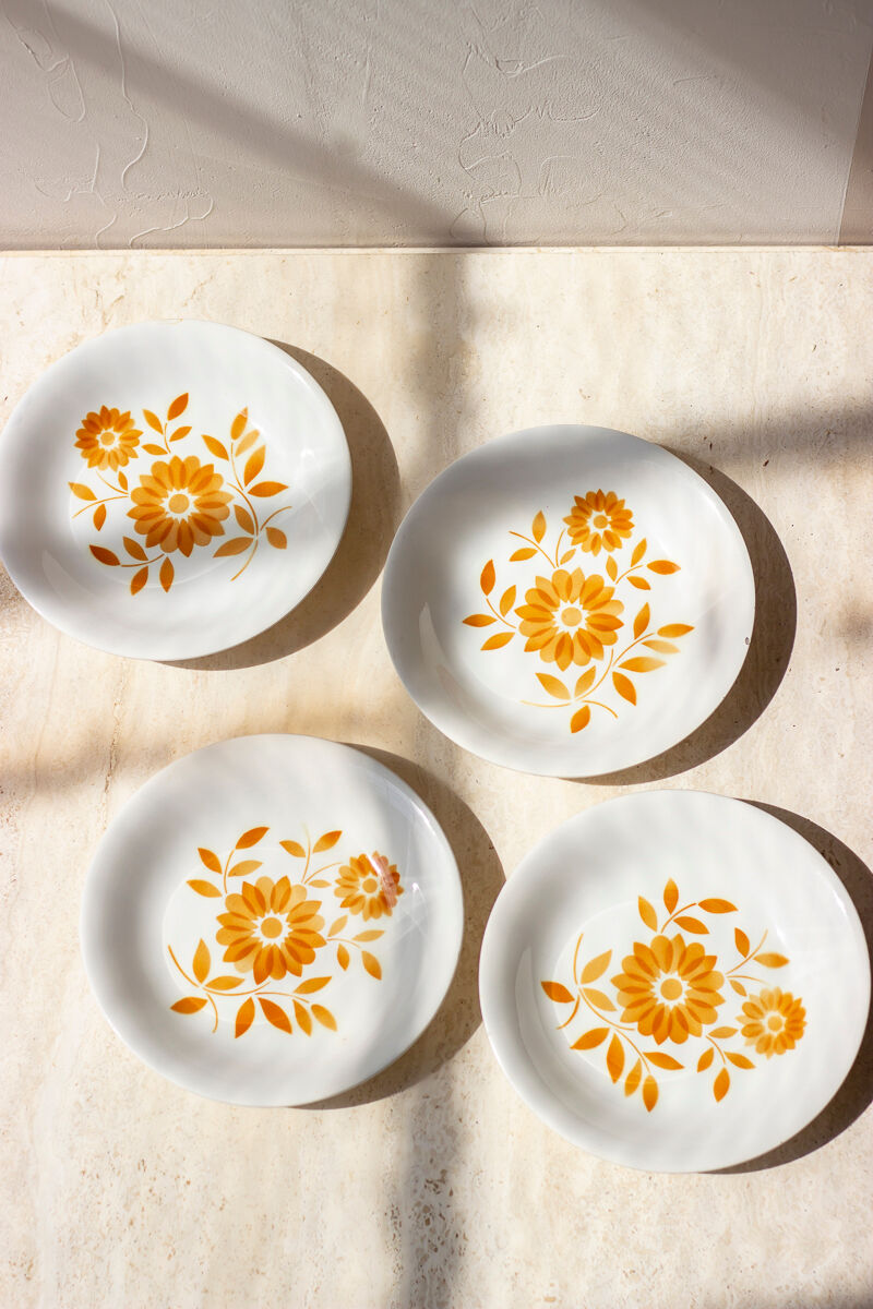 4 assiettes creuses vintage - fleurs oranges