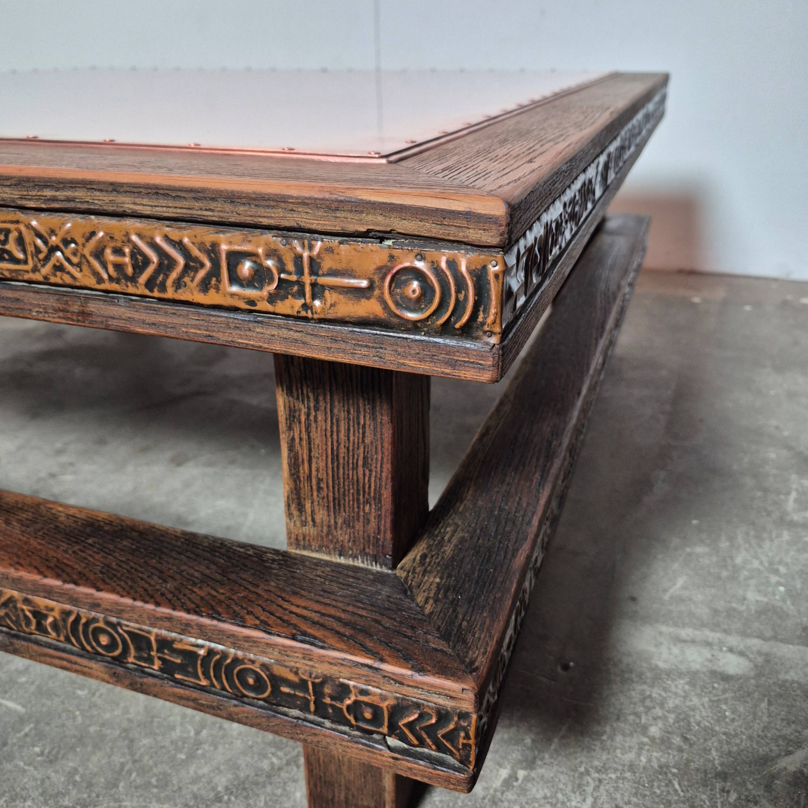 Brutalist oak square coffee table with copper top, Netherlands 1950s
