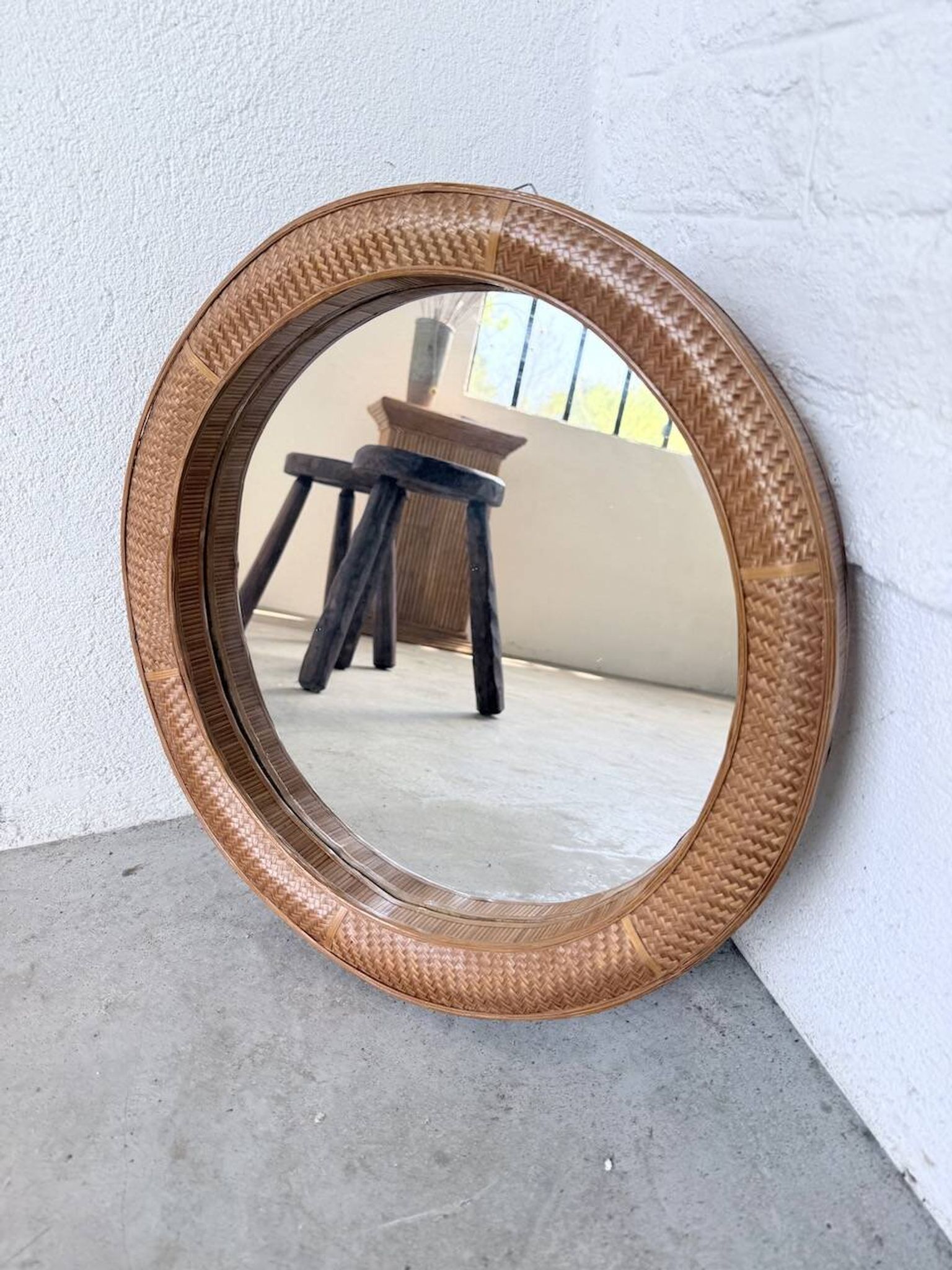 Woven wicker round mirror 1960