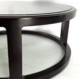 Italian Vintage Large Round coffee table in wood and fume glass. 1970s