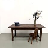 Solid pine workbench, grooved top, satin brown finish.