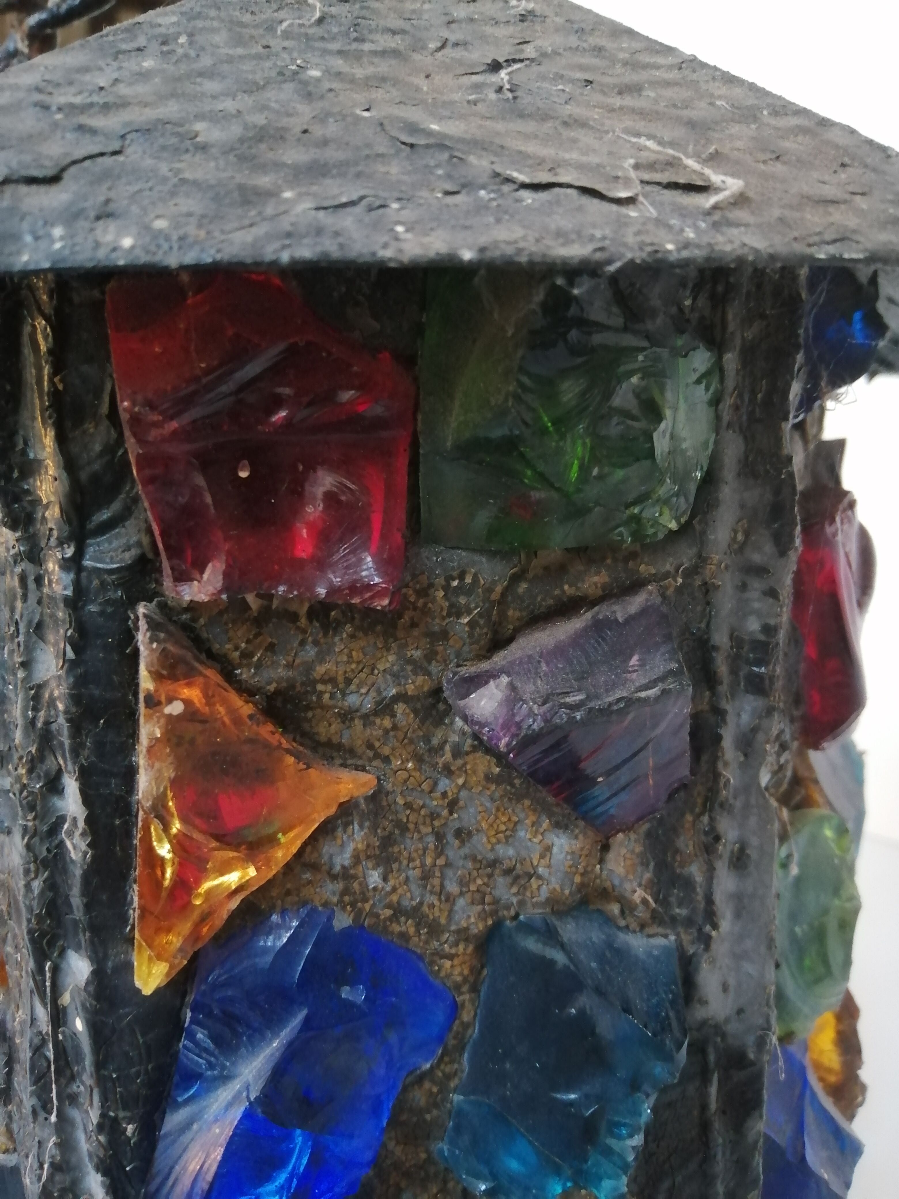 Peter Marsh porch lantern, colored glass, lead and Hammered Sheet metal, 1950s Arts & Crafts