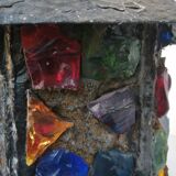 Peter Marsh porch lantern, colored glass, lead and Hammered Sheet metal, 1950s Arts & Crafts