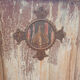 Front door of a house or building in the city centre, with a dolphin door knocker and frame + transom.
