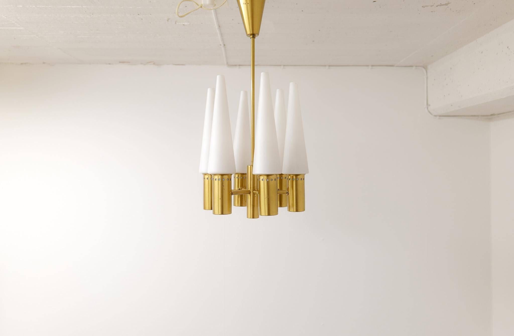 Midcentury brass and opaline ceiling lamp by Hans-Agne Jakobsson, Sweden, 1950s.