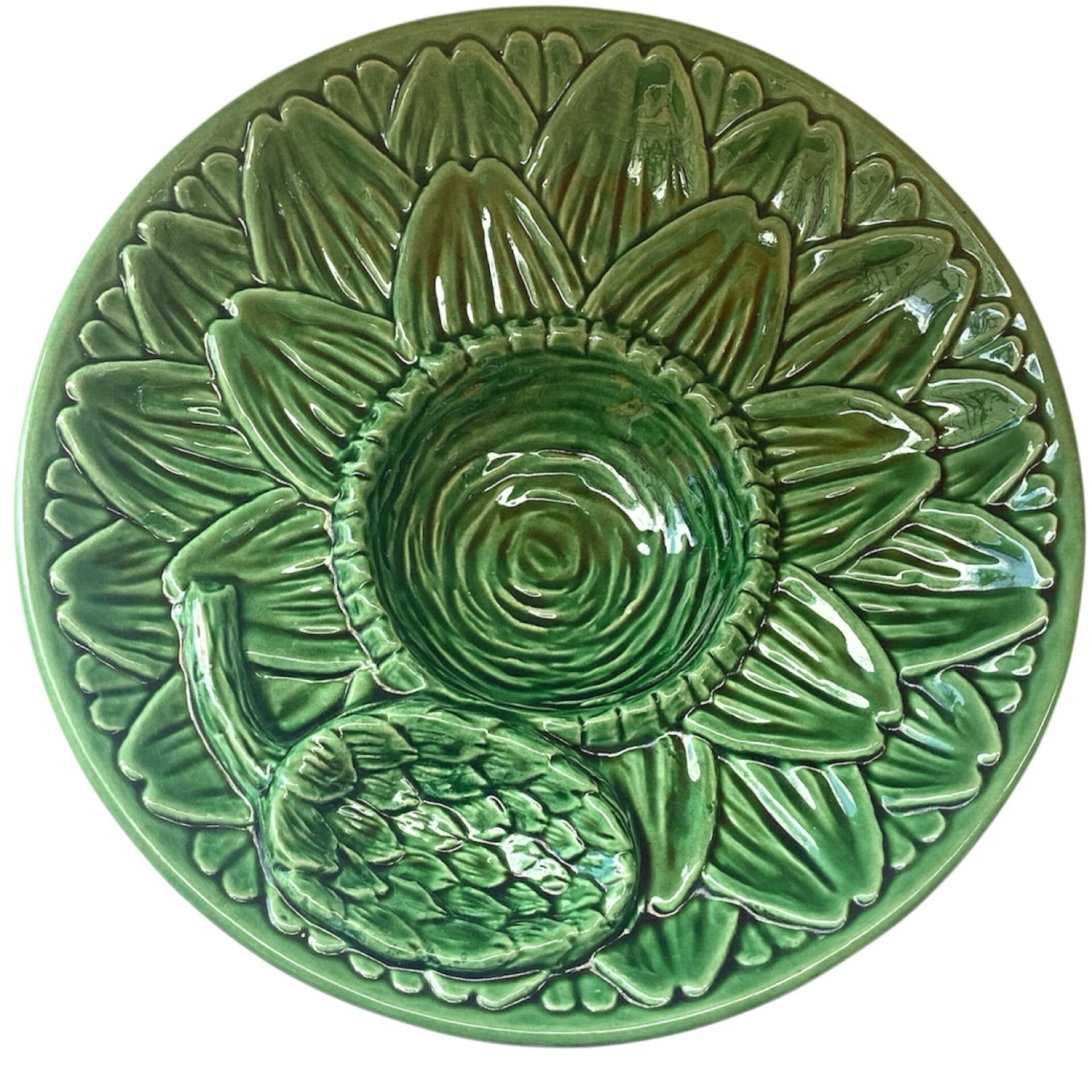 Set of 5 antique barbotine plates decorated with artichokes.