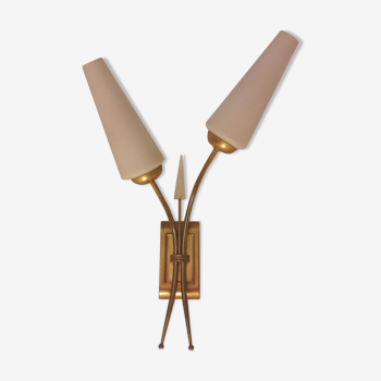 Wall light double Tulip in brass and opaline