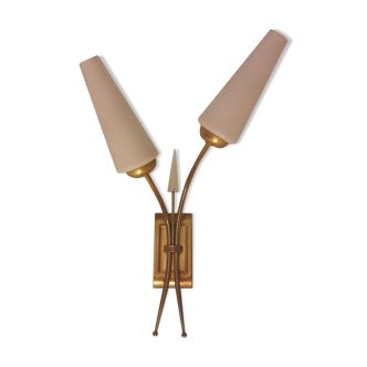 Wall light double Tulip in brass and opaline