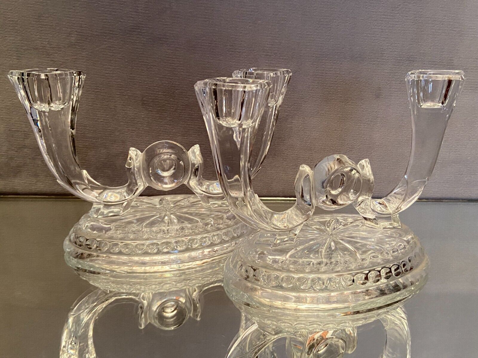 Pair of Val Saint Lambert crystal table end candlesticks