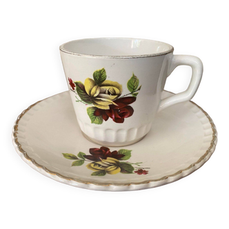 Tasse faïence Digoin & Sarreguemines décor rose jaune et bordeau