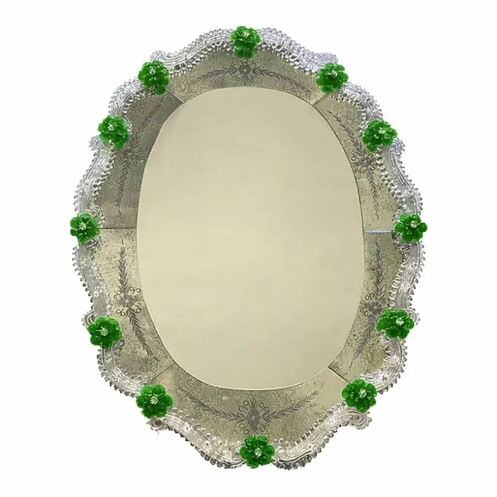 Venetian Murano Glass Oval Floral Wall Mirror – Hand-Carved Italian Art