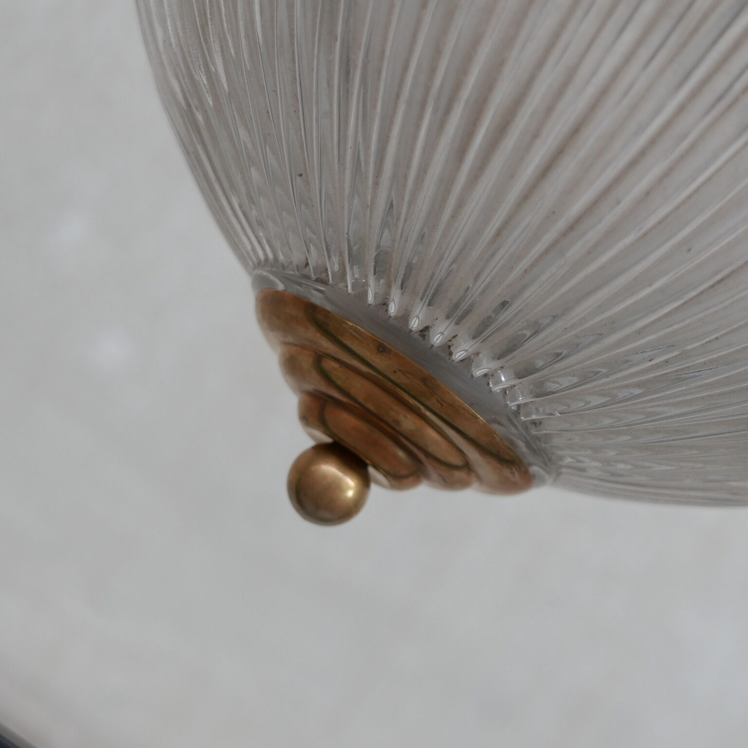 Brass and Glass Holophane Style Mid-Century Pendant Light