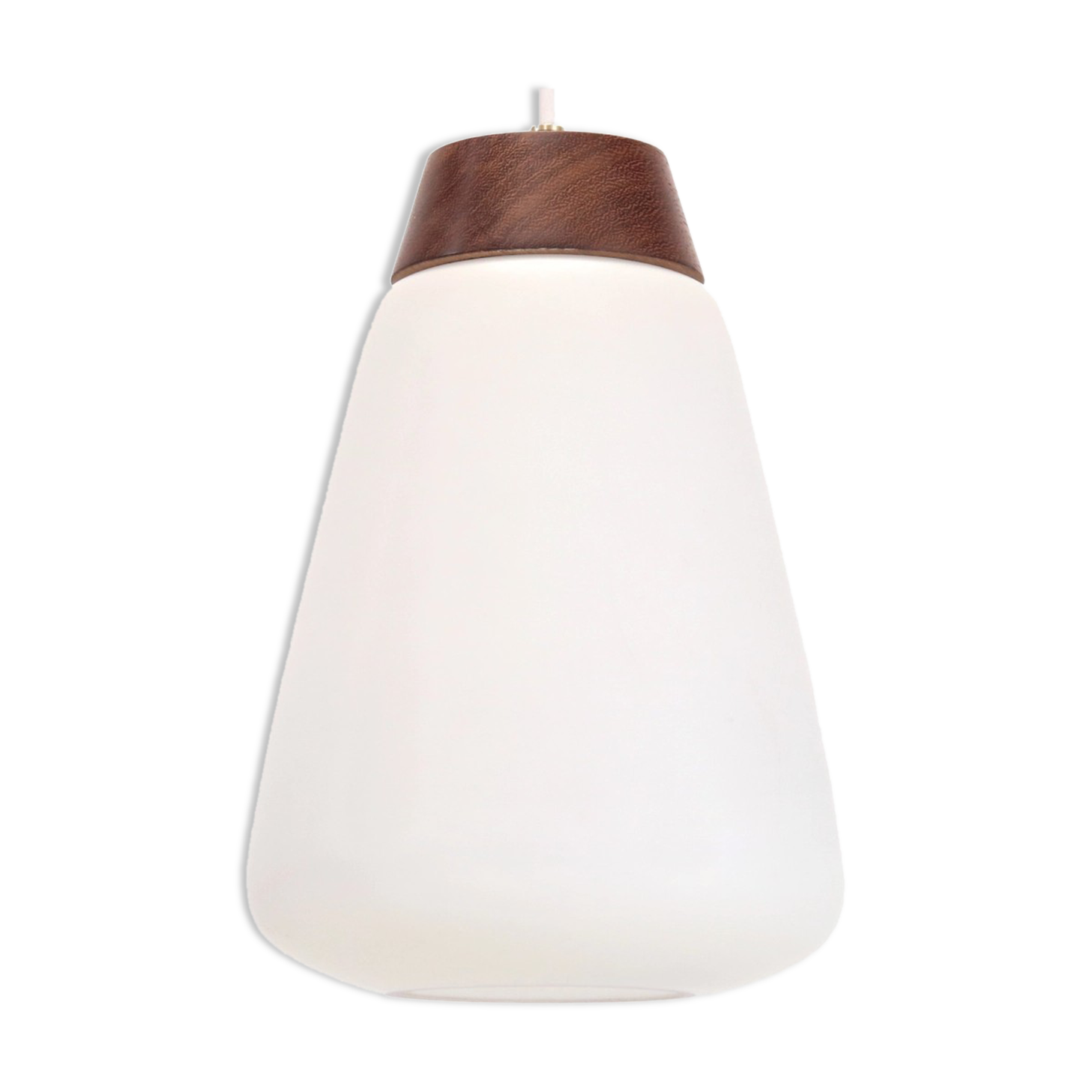 White opaline glass pendant lamp with teak detail