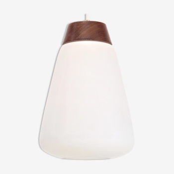 White opaline glass pendant lamp with teak detail