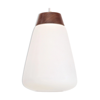 White opaline glass pendant lamp with teak detail