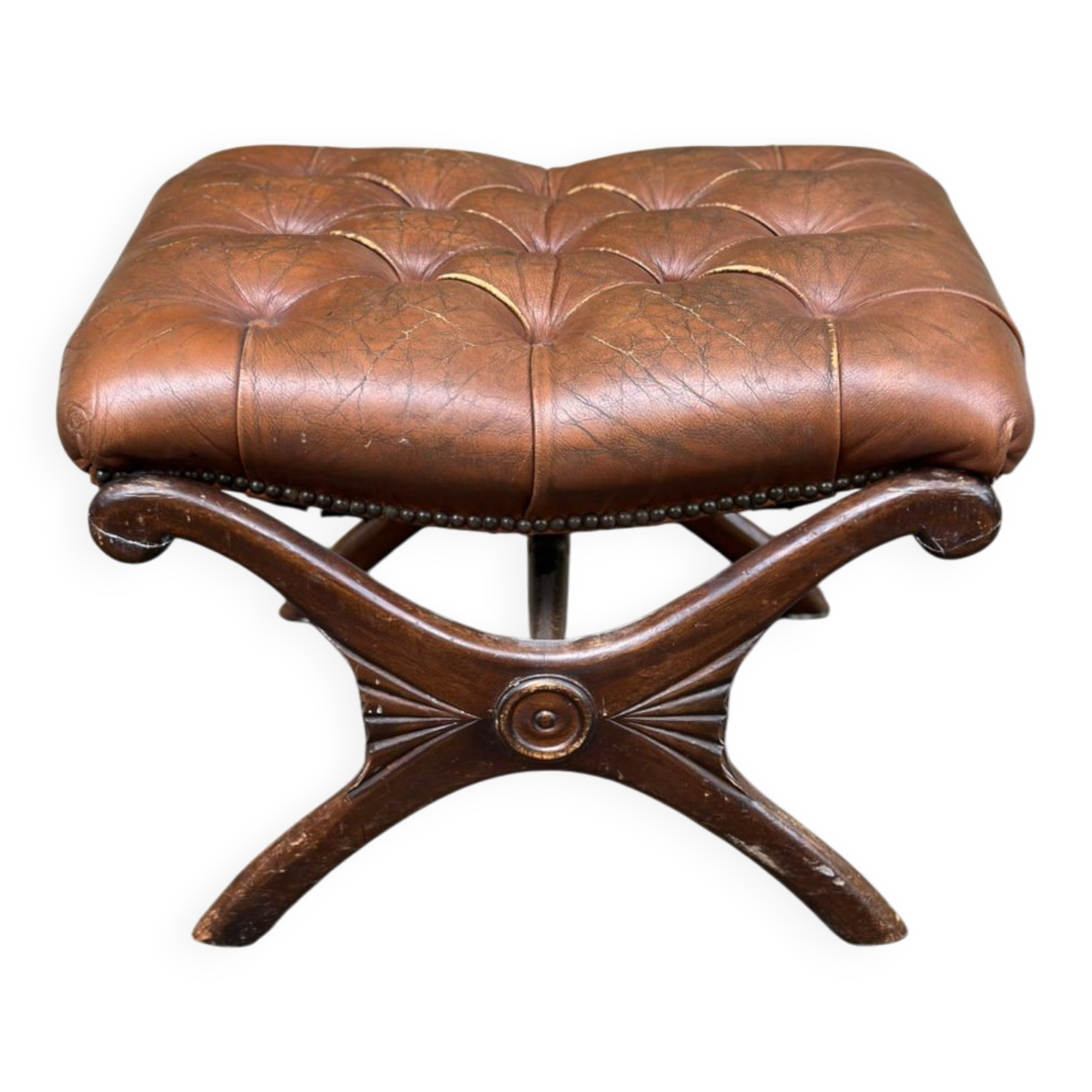 Brown leather Chesterfield pouffe footstool from the 1970s.