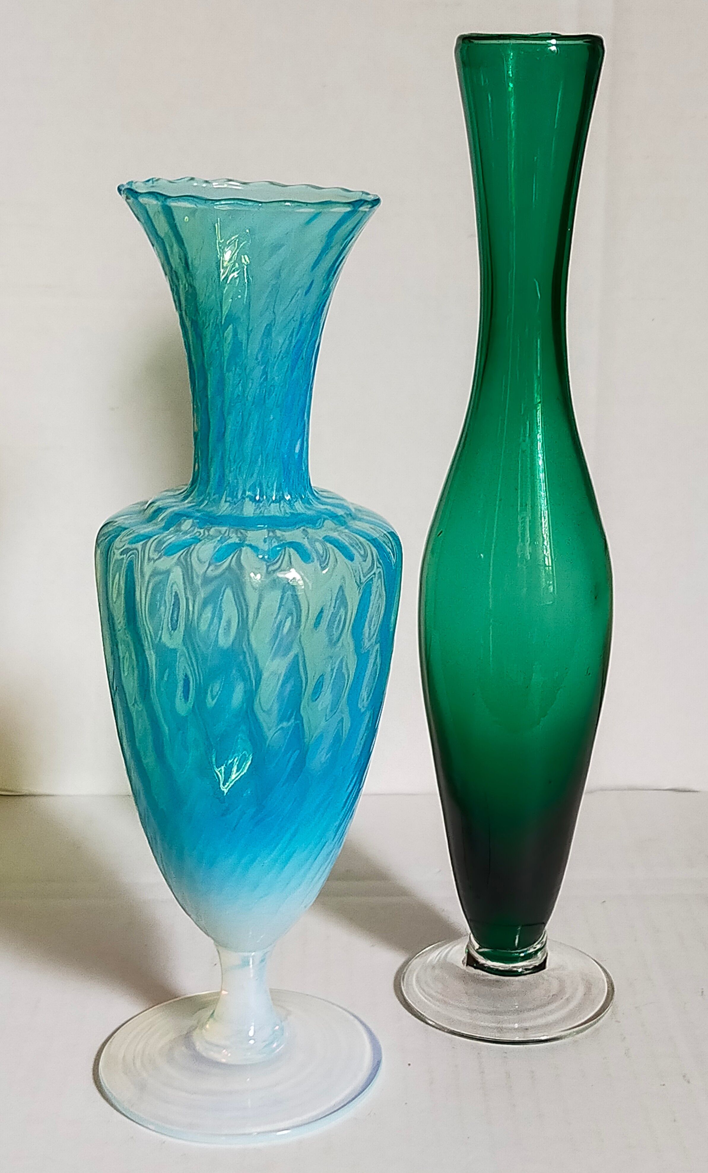 Duo of vintage blown glass soliflores vases