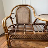 Rattan bench with round shelf