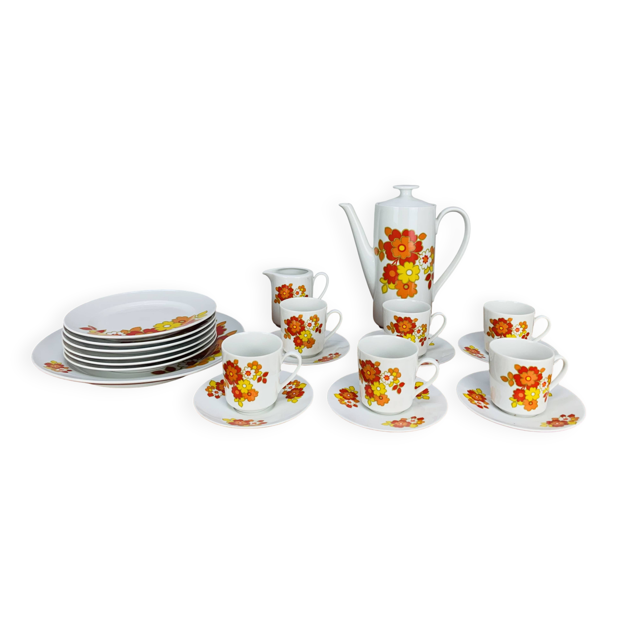 Tea and dessert set of 6 cups, German porcelain, flowers, 70s
