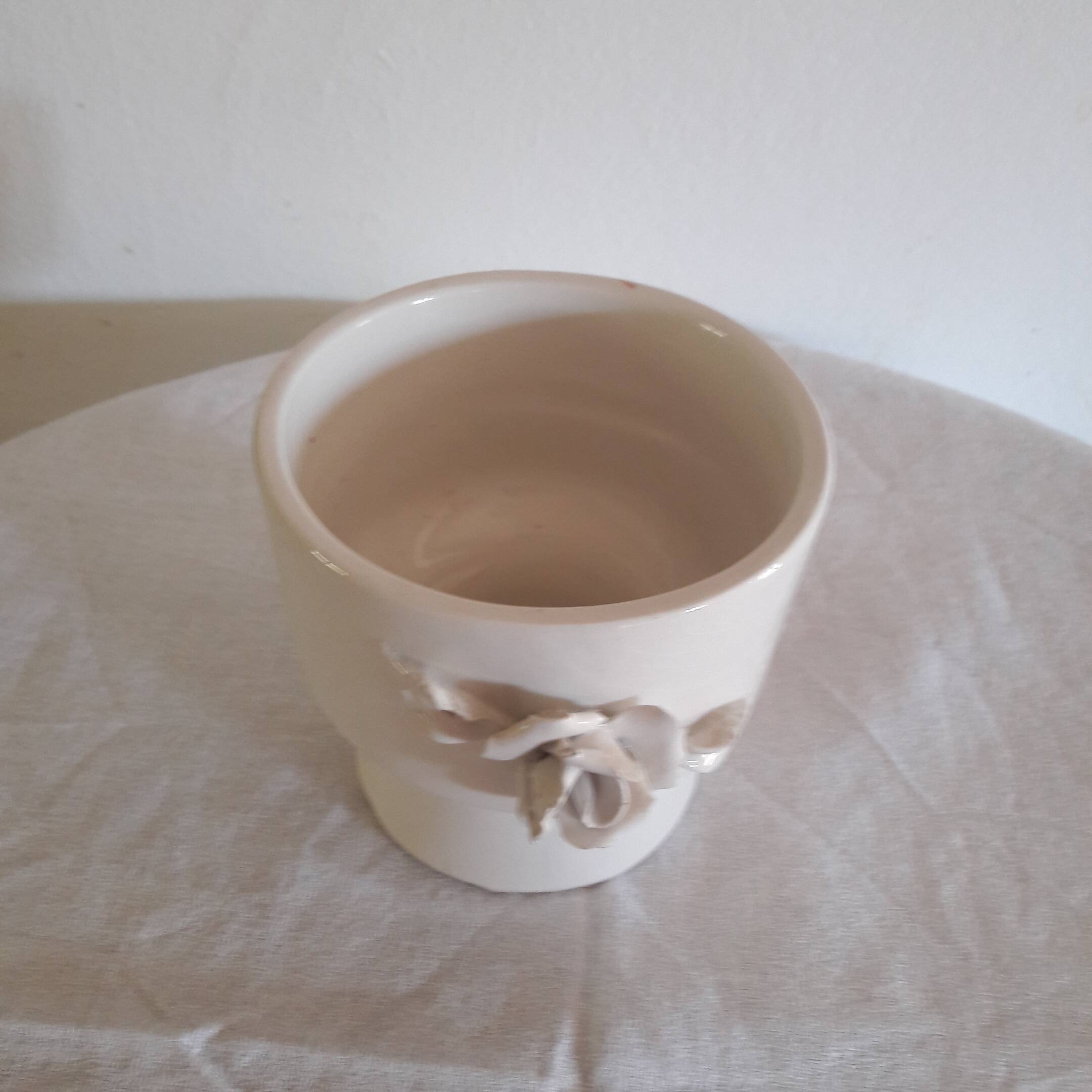 Vintage carved white pink earthenware pot/vase