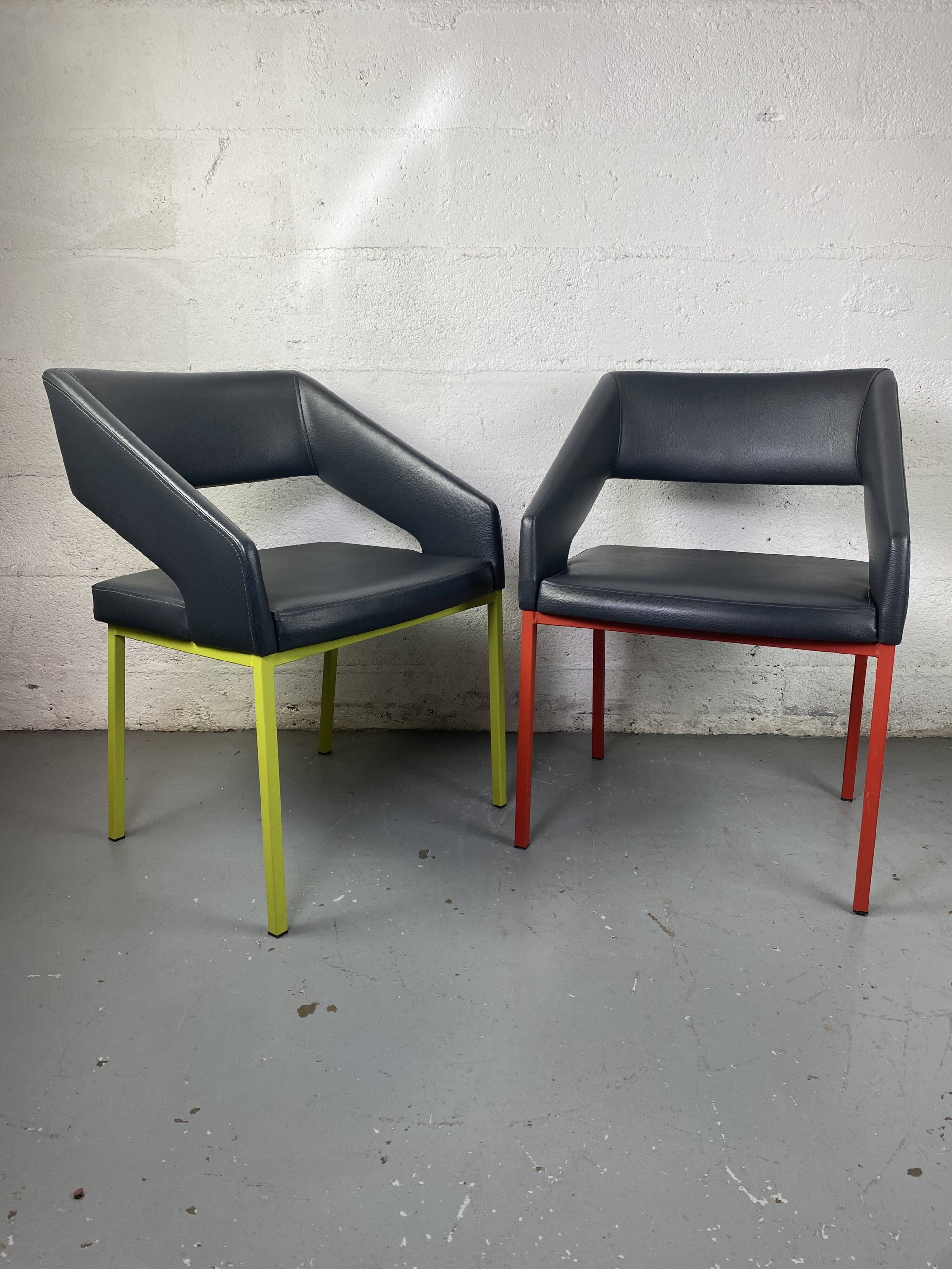 Pair of metal and leather armchairs / Green & Red