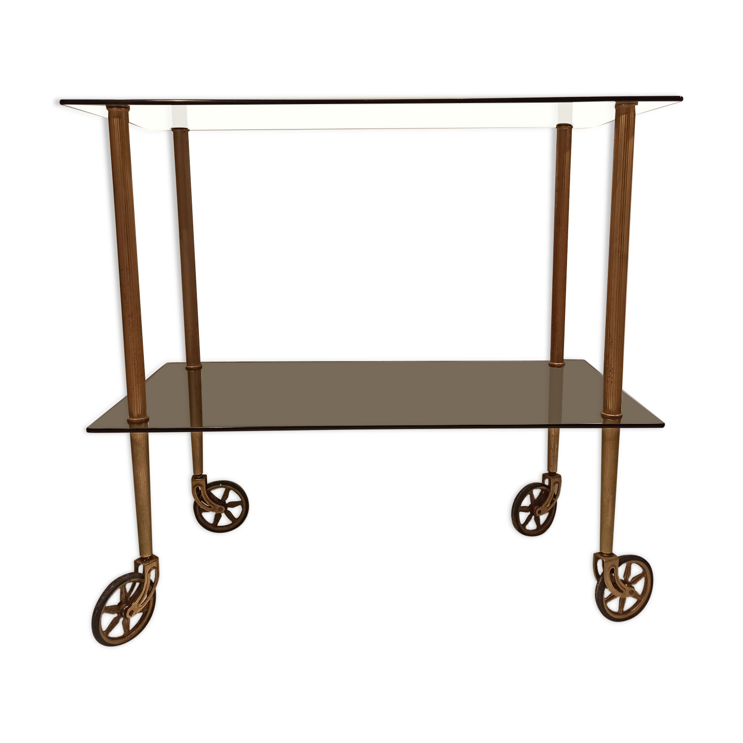 Old vintage rolling trolley, smoked glass trays, gold base