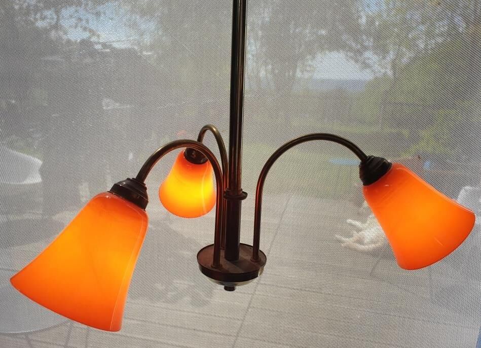 Brass chandelier 3 tulips orange Casimir 1970