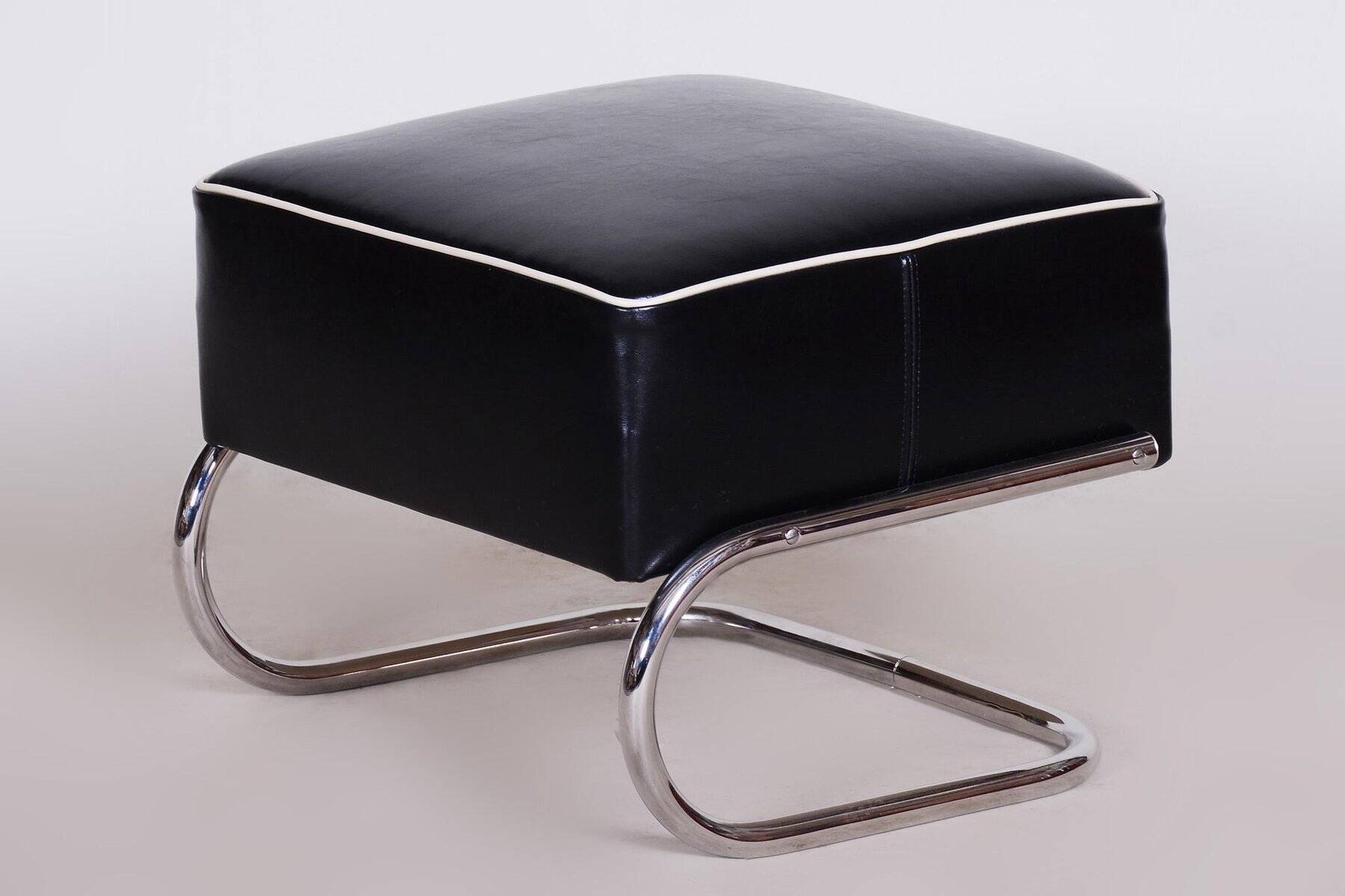 Black Leather Footstool from Slezák, Czechia, 1930s