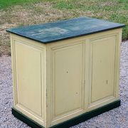 Late 19th century grocery counter in green and yellow patina painted wood