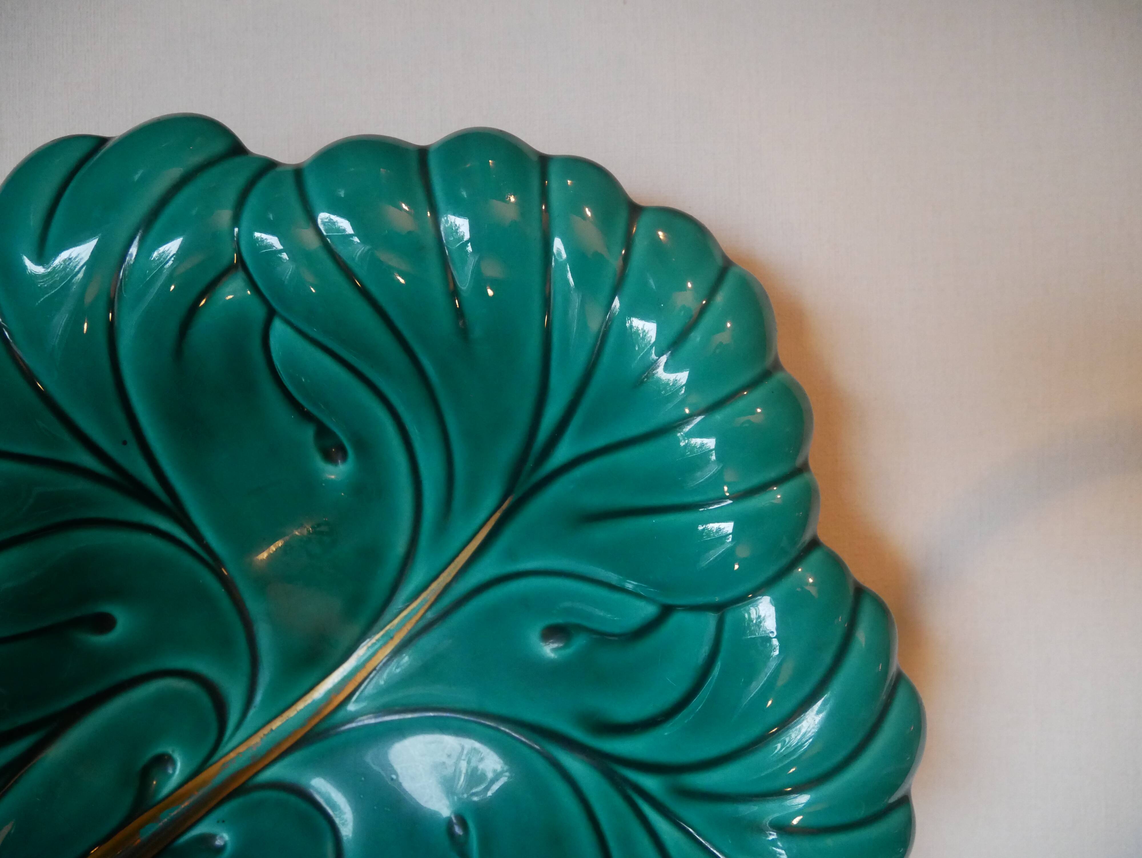 empty ceramic fruit bowl barbotine cabbage leaf vintage made in France retro