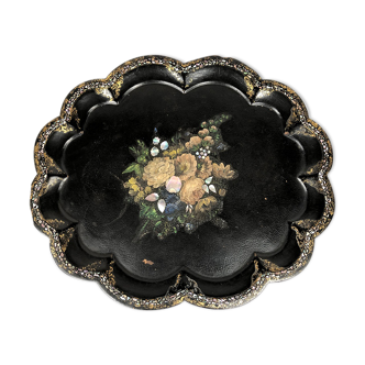 Napoleon III tray in boiled cardboard burgauté of mother-of-pearl
