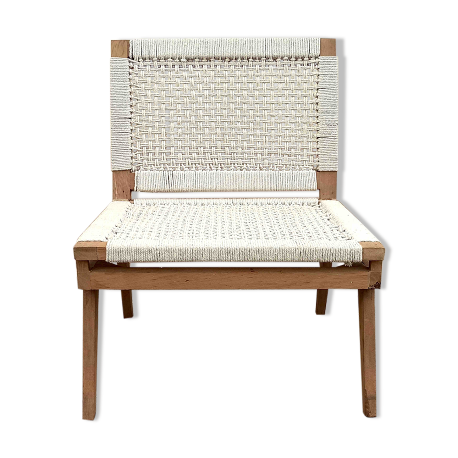 Chauffeuse années 50 teck massif et corde coton