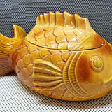 Ancienne soupière poisson jaune faïence sarreguemines france barbotine