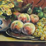 Jhane JONCHERY (19th~20th century) "Still life with flowers and fruits: peaches, grapes, plums"