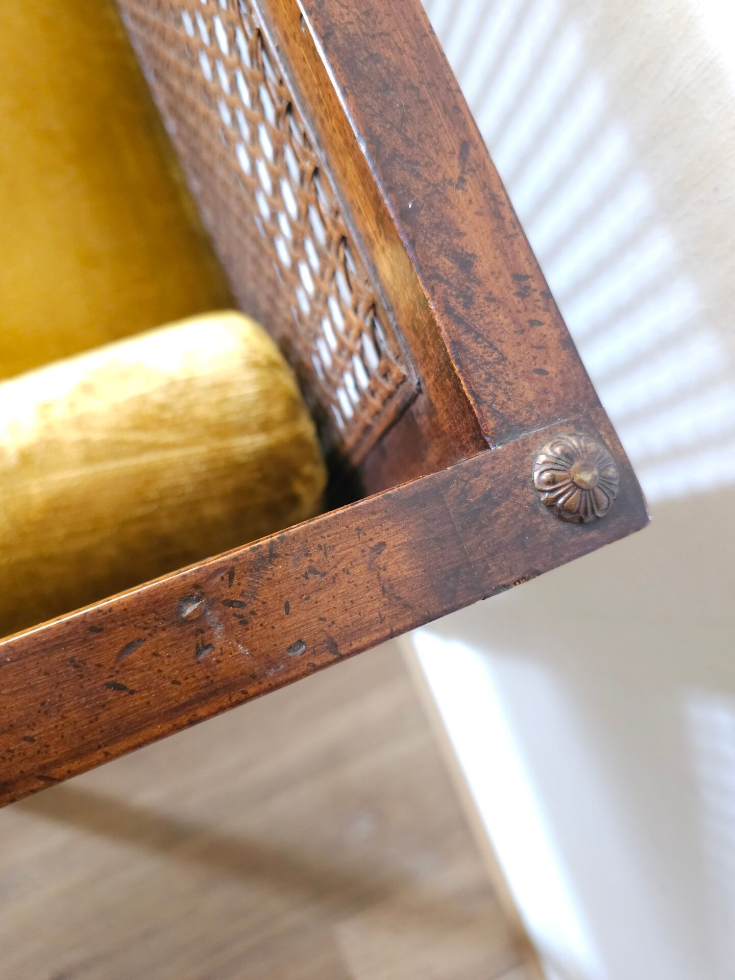 Vintage bench in cane and mustard yellow velvet