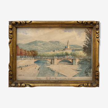 Tableau aquarelle "Pont vieux de Nice" en 1920 signé Chamard & cadre