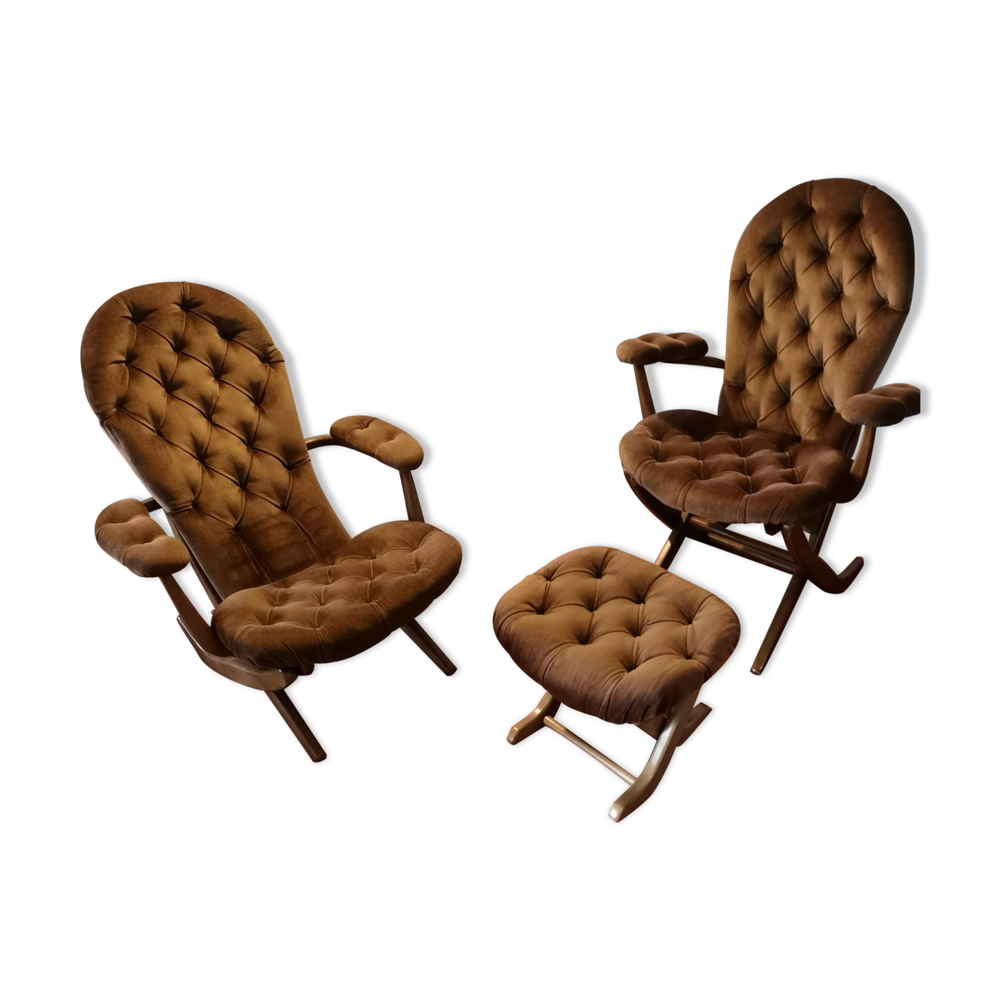 Pair of velvet folding chairs and an ottoman 1950