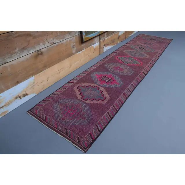1960s Purple Pink Natural Turkish Hand-Knotted Runner Rug 81x327