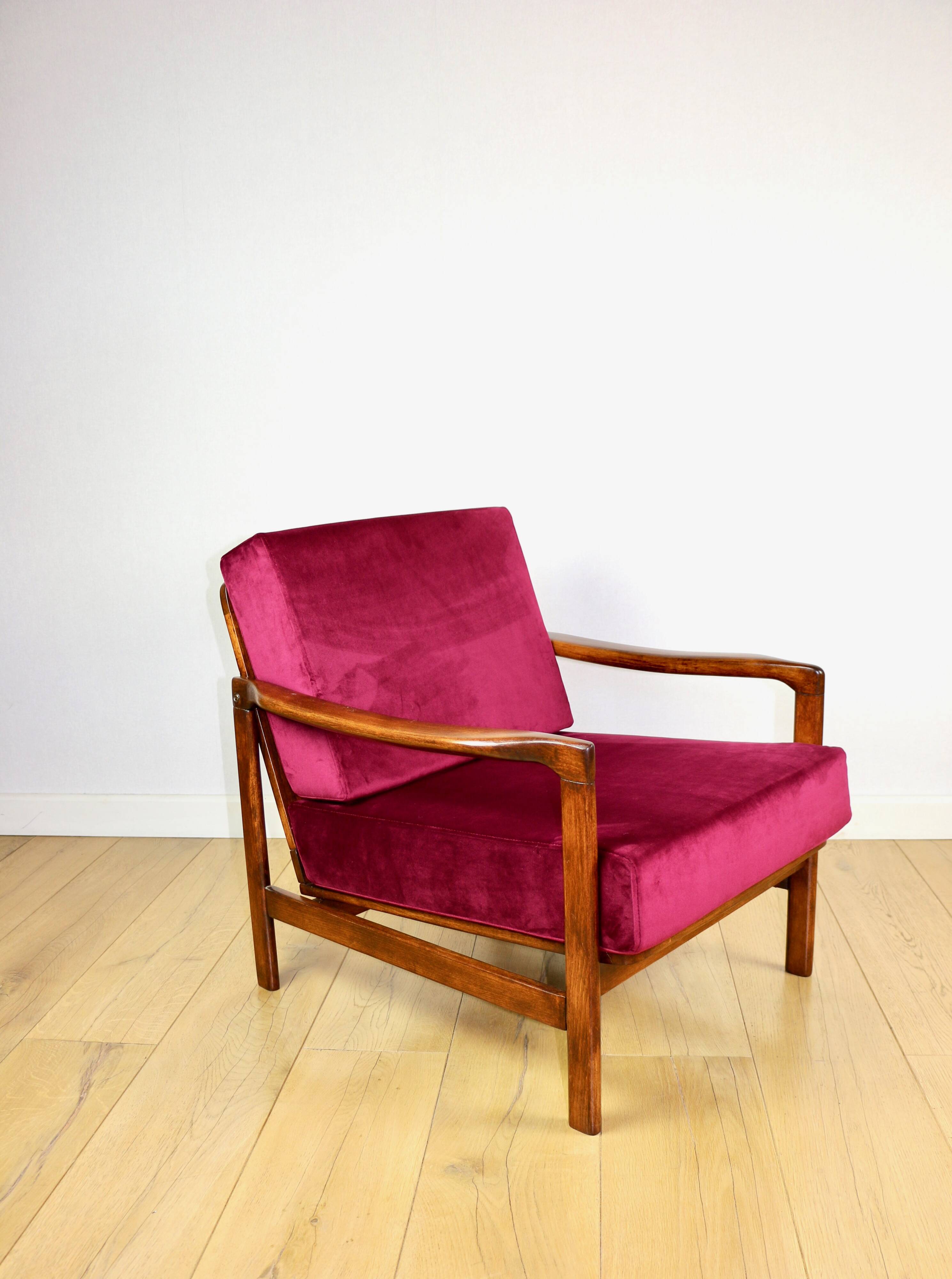 Wooden vintage brown armchair, burgundy raspberry, design by Z. Bączyk - 2 pieces available
