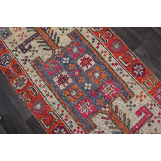 Vintage Turkish hand-knotted wool cotton beige runner rug  114x362
