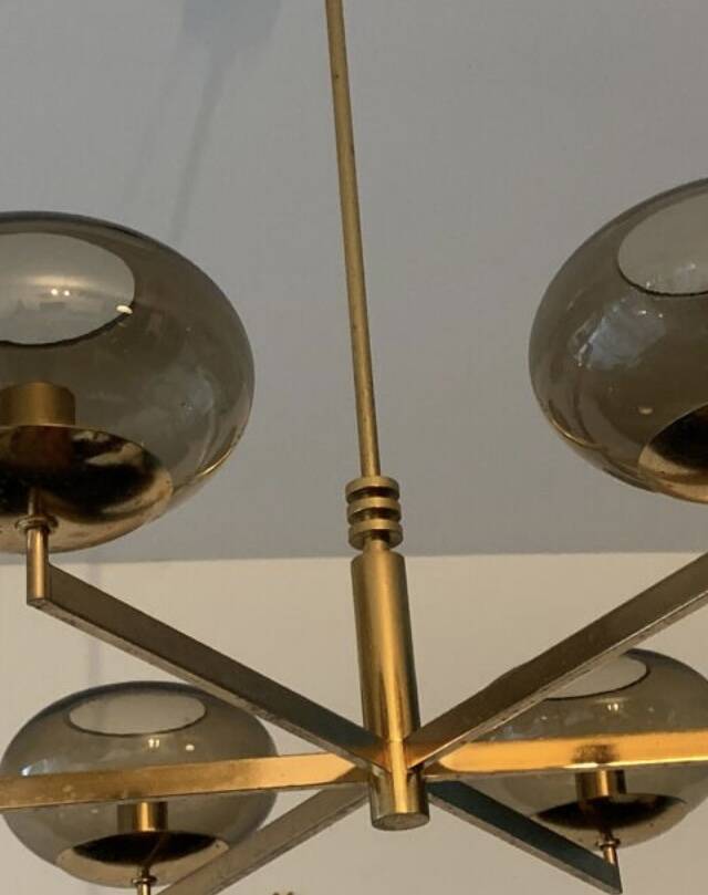 Italian brass chandelier with 6 grey smoked glass globes