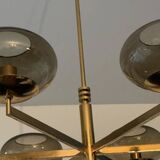 Italian brass chandelier with 6 grey smoked glass globes