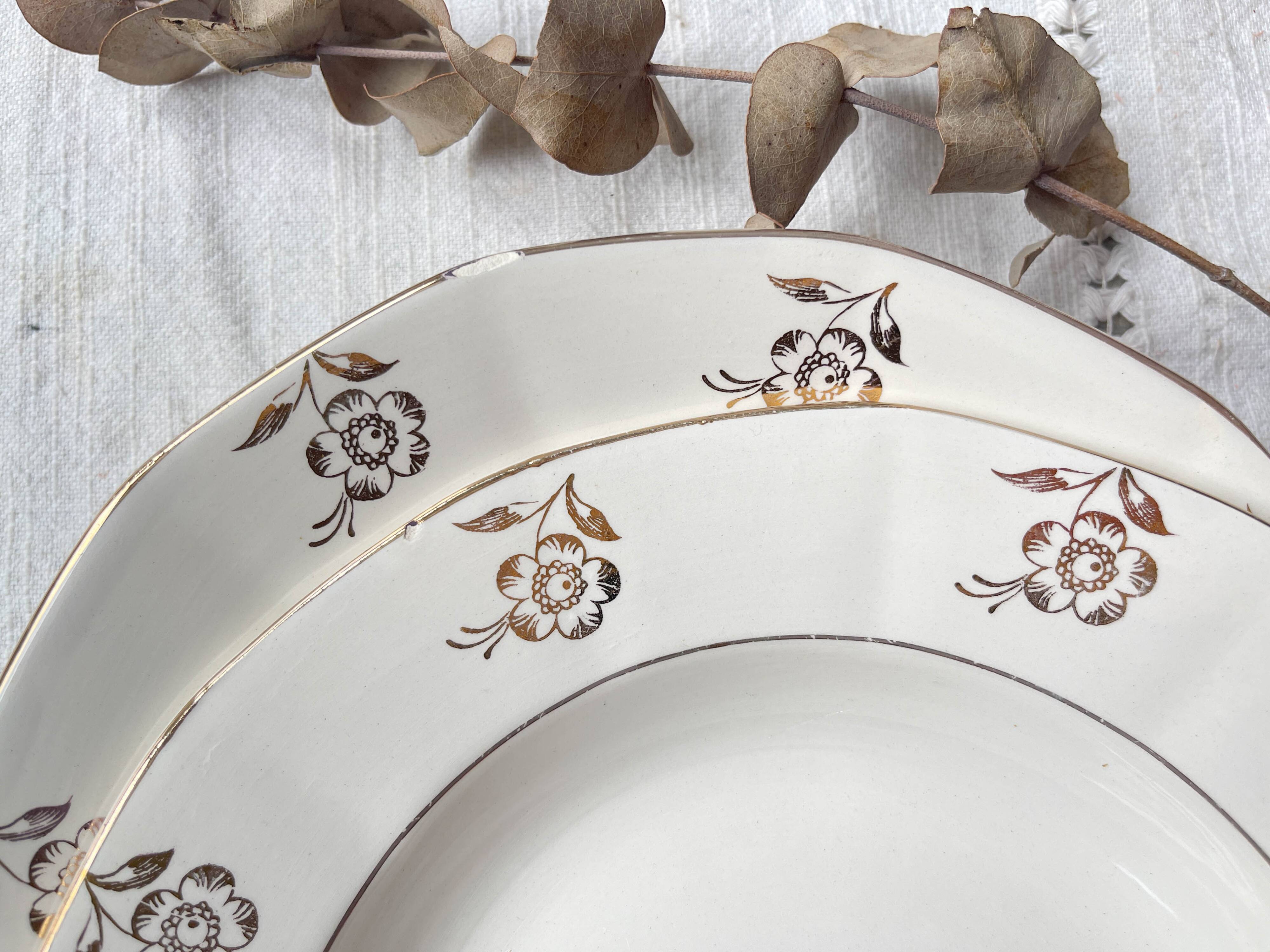 7 vintage porcelain soup plates Digoin Sarreguemines model Raphael with golden flower motif