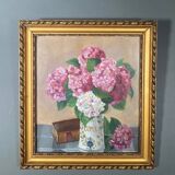 20th century still life watercolor bouquet of hydrangeas in a golden frame