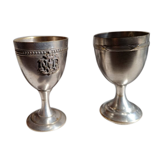 Set of 2 old egg cups in silver metal