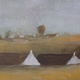 Large signed painting of a hay landscape from the Belgian painter Frank Bog